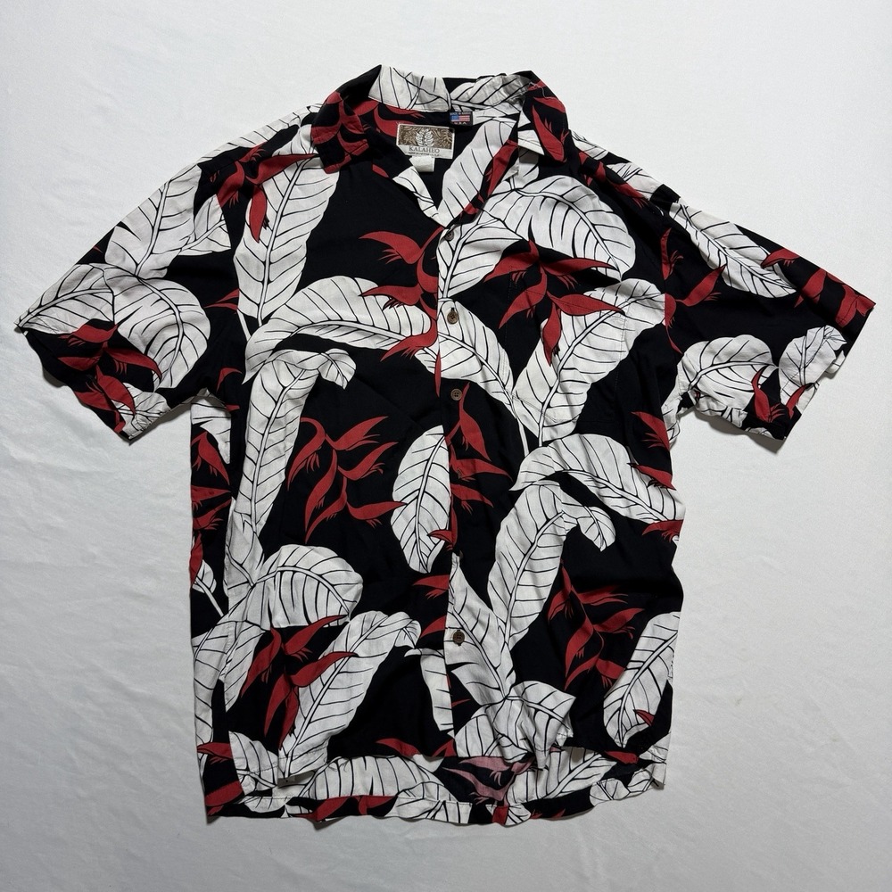 Kalaheo Hawaiian Shirt Mens M Black Tropical Leaf Print Rayon Made in Hawaii 258